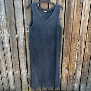 POL Large Faded Black Sleeveless V-Neck Sheath Midi Dress L Side Slit Cotton